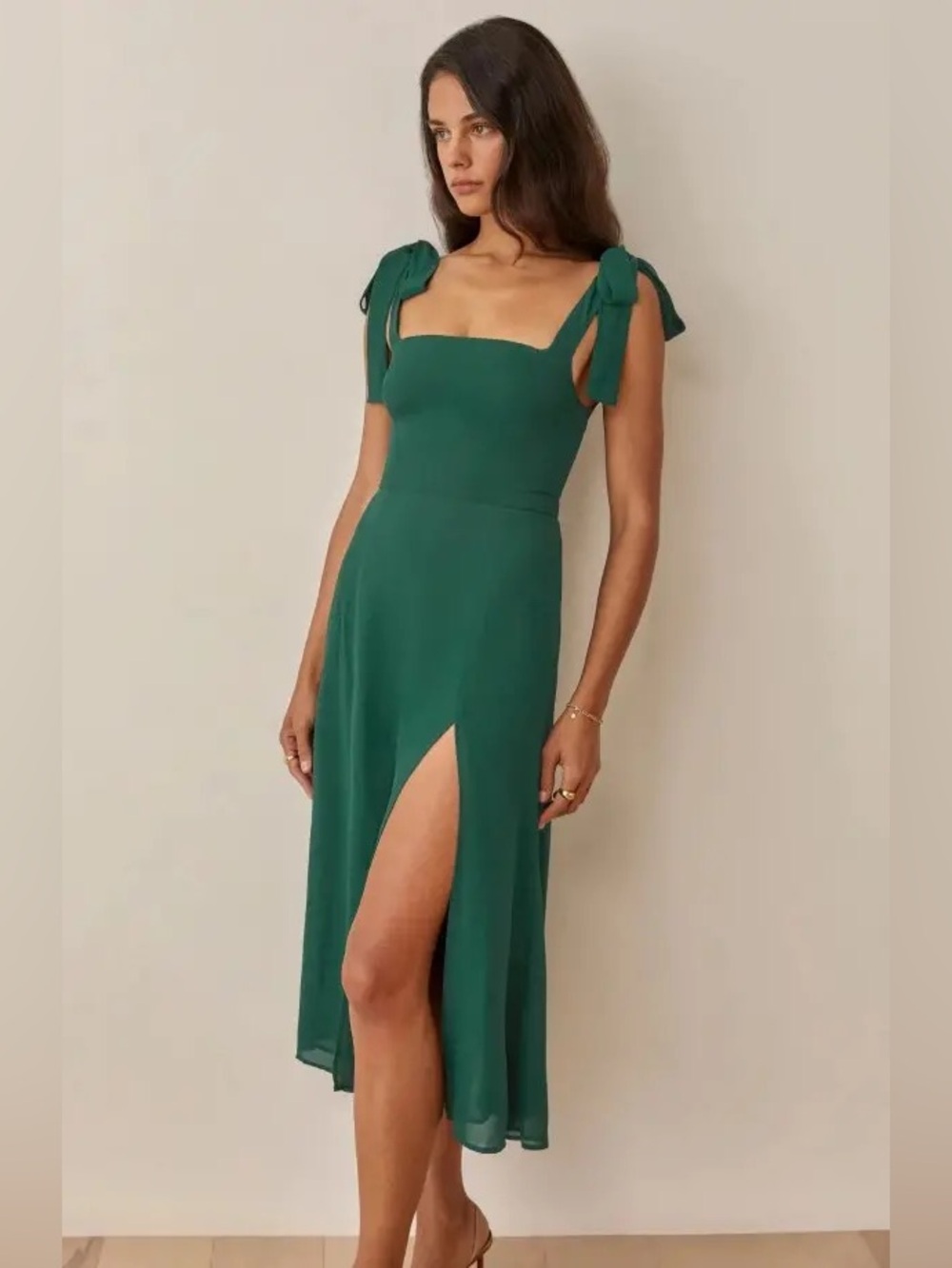 Reformation Emerald Green Tie-Shoulder Midi Dress